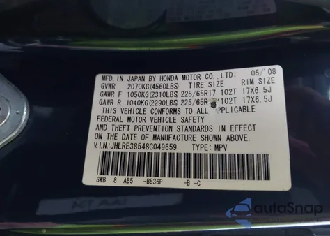 2008 Honda Cr-V Ex z USA, uszkodzony, nr VIN JHLRE38548C049659